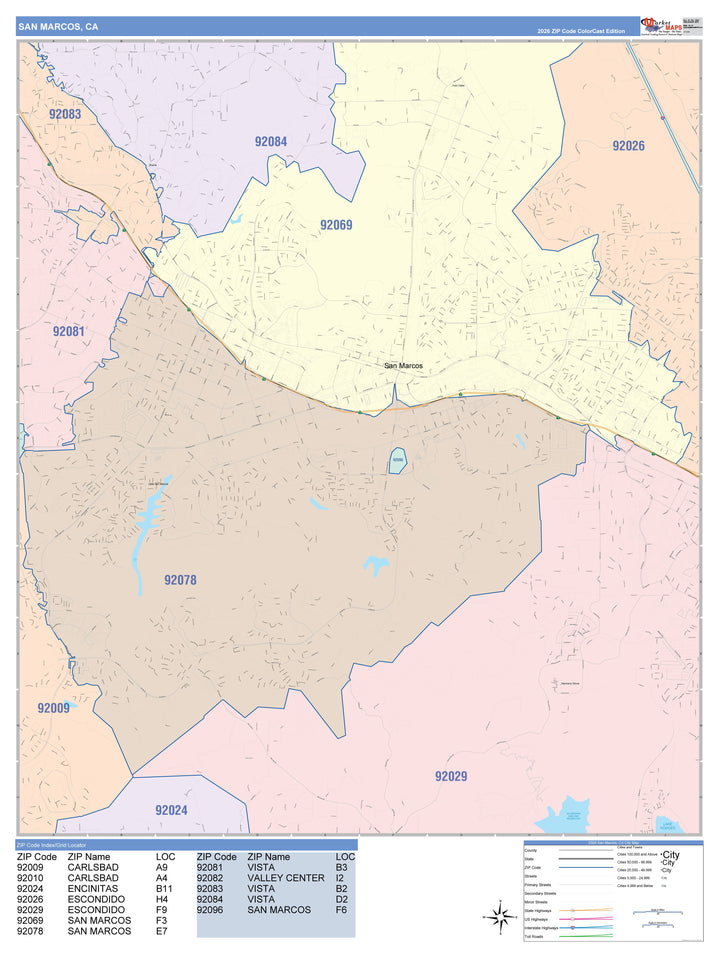 Color Cast Zip Code Style Wall Map of San Marcos, CA