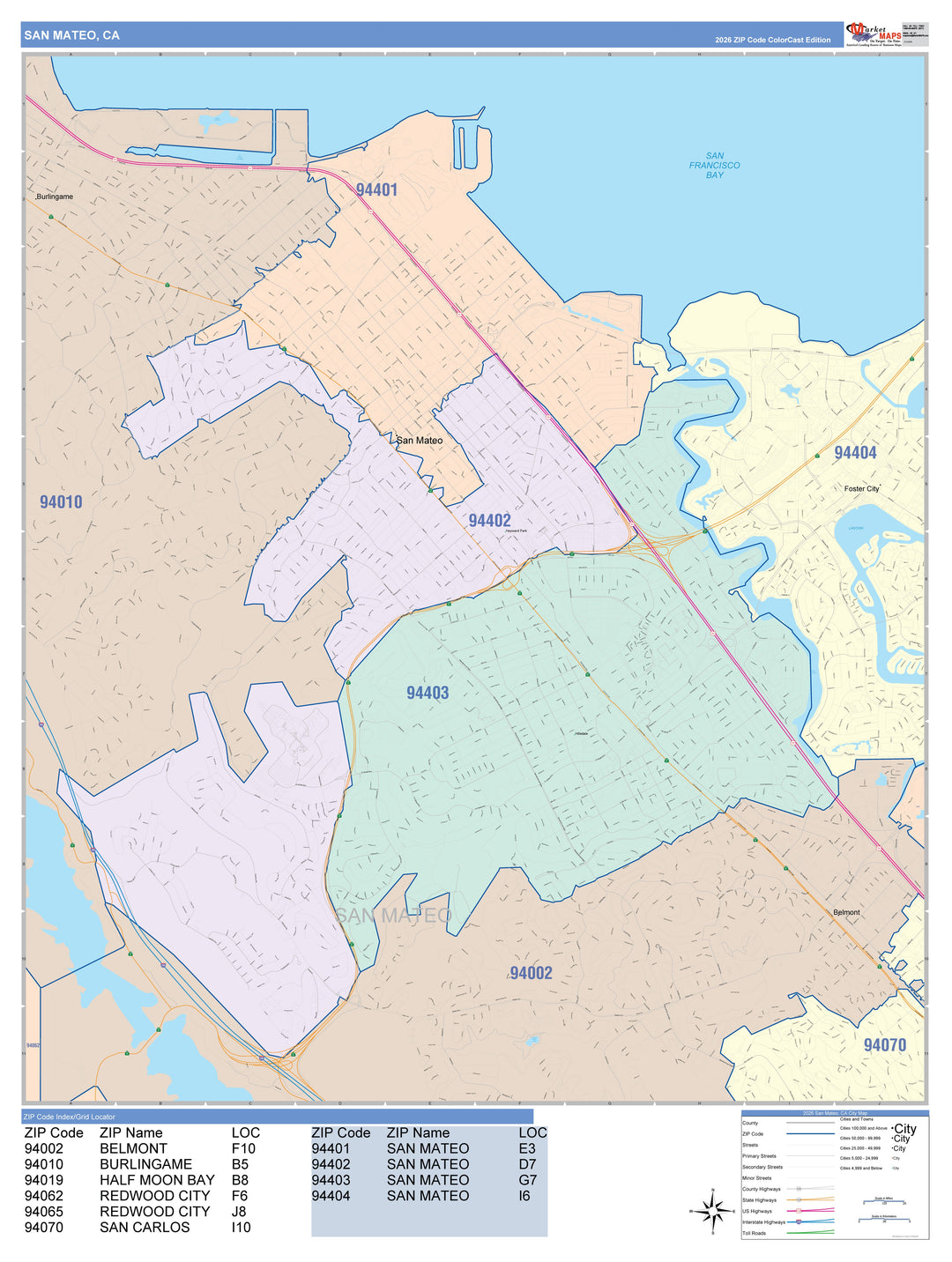 Color Cast Zip Code Style Wall Map of San Mateo, CA
