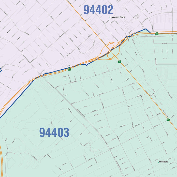 Color Cast Zip Code Style Wall Map of San Mateo, CA