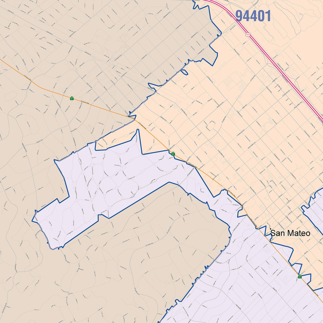 Color Cast Zip Code Style Wall Map of San Mateo, CA