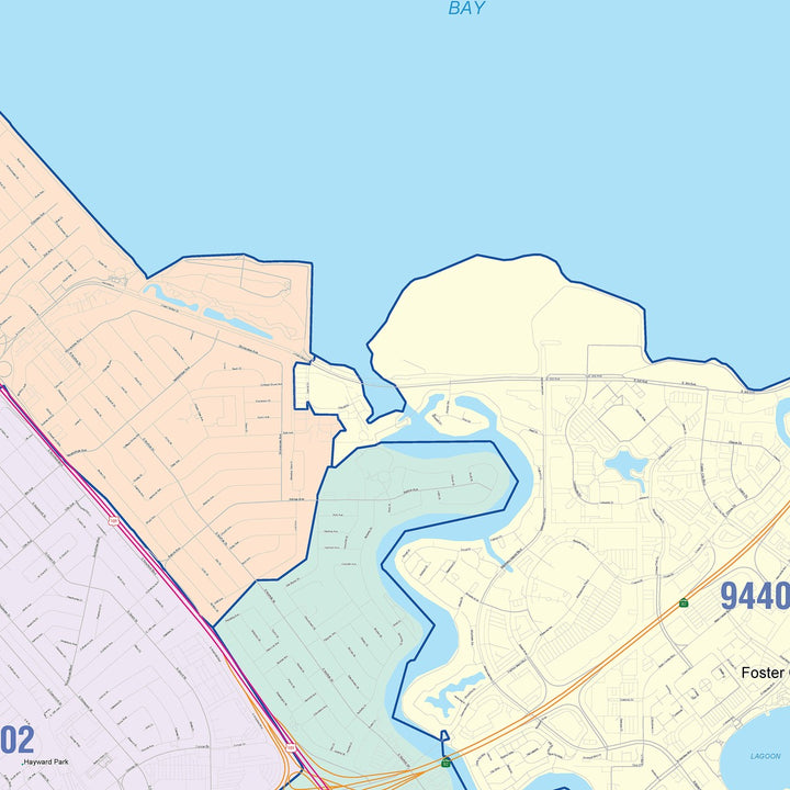 Color Cast Zip Code Style Wall Map of San Mateo, CA