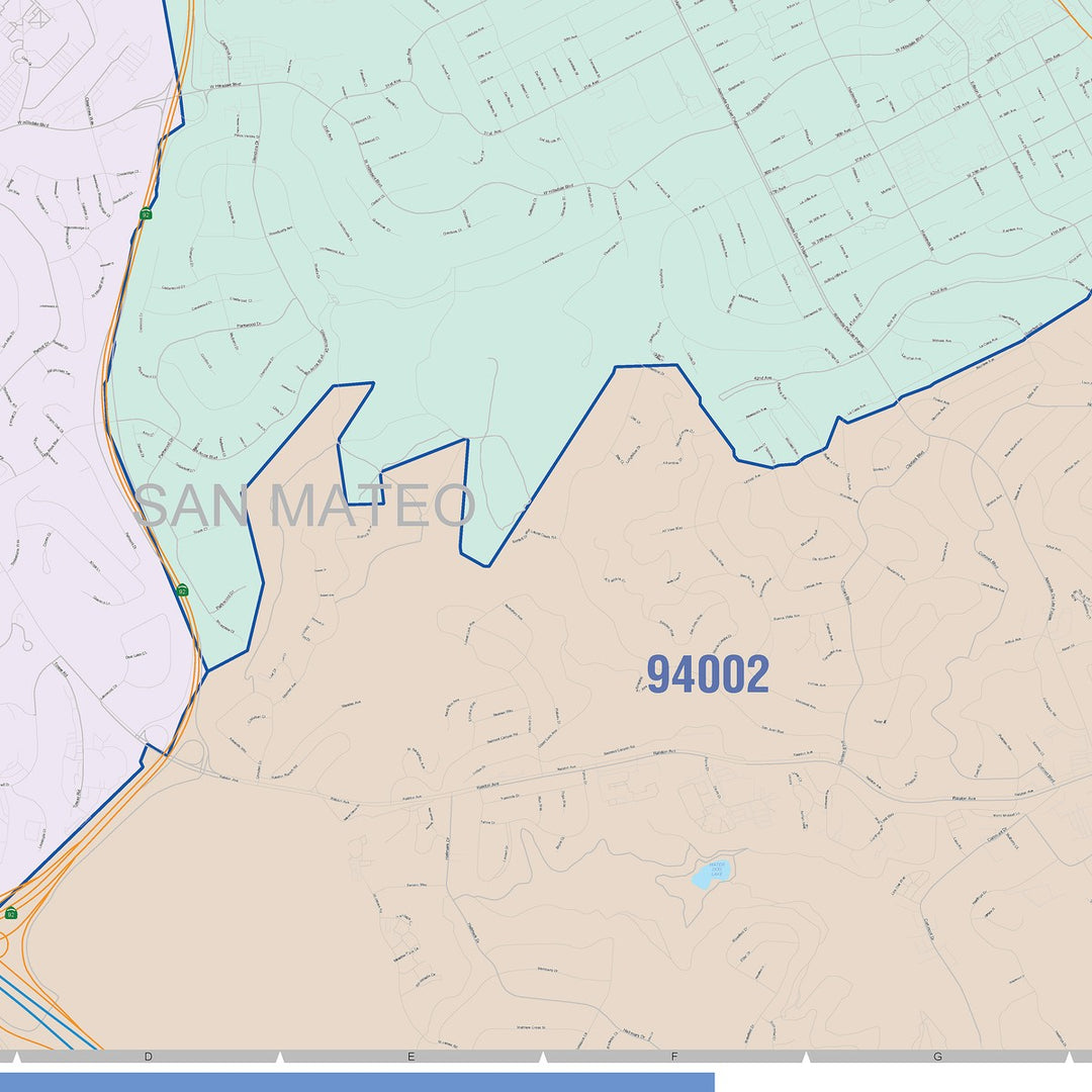 Color Cast Zip Code Style Wall Map of San Mateo, CA