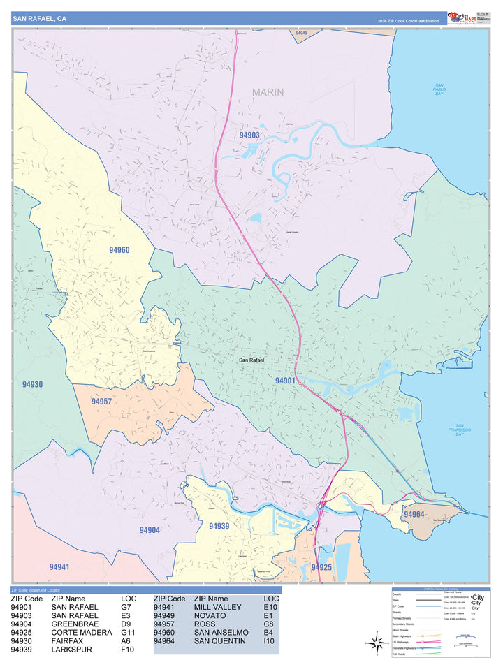 Color Cast Zip Code Style Wall Map of San Rafael, CA