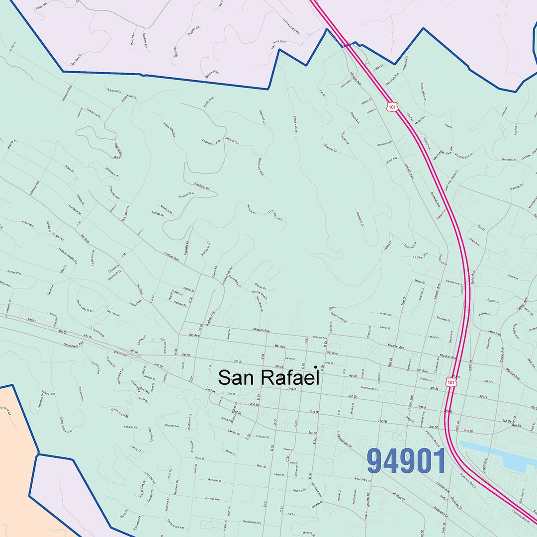 Color Cast Zip Code Style Wall Map of San Rafael, CA