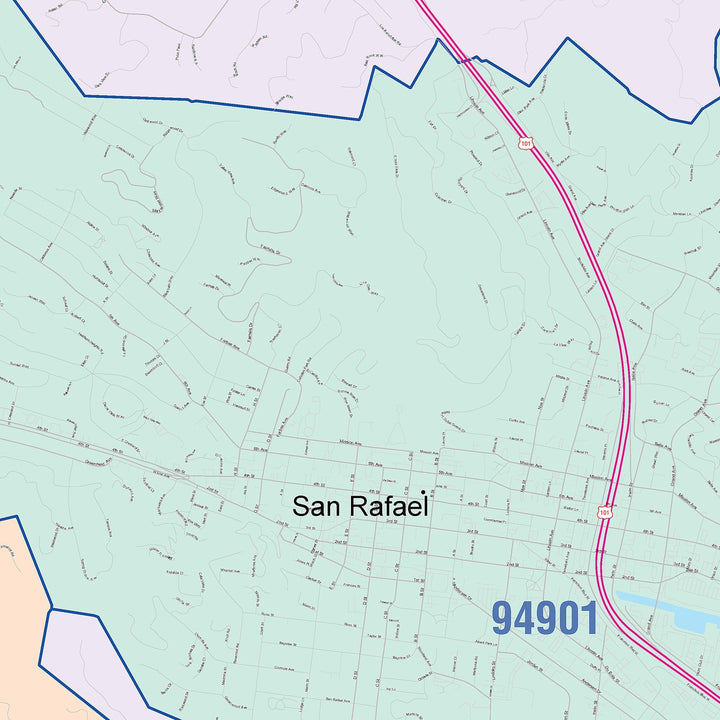 Color Cast Zip Code Style Wall Map of San Rafael, CA