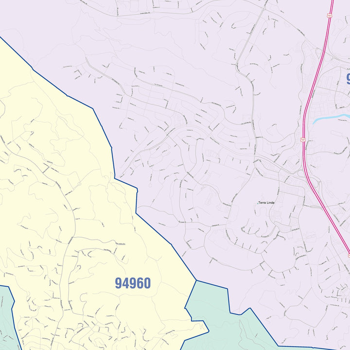 Color Cast Zip Code Style Wall Map of San Rafael, CA