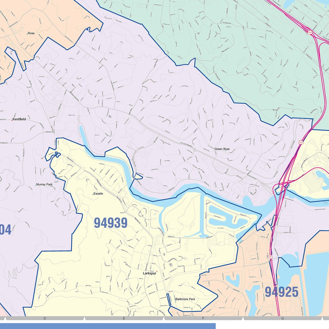 Color Cast Zip Code Style Wall Map of San Rafael, CA