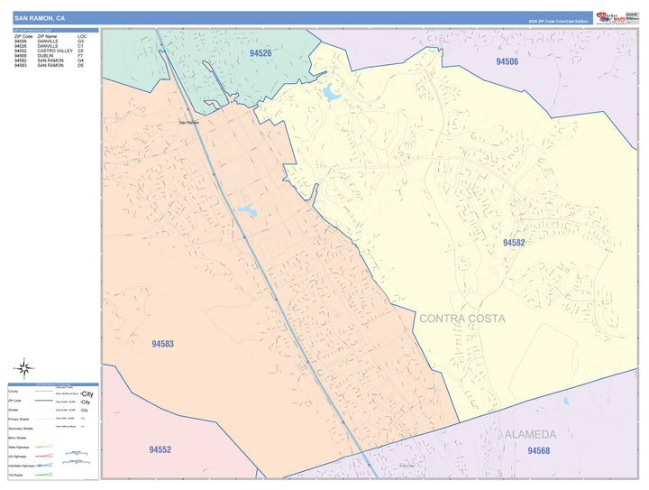 Color Cast Zip Code Style Wall Map of San Ramon, CA