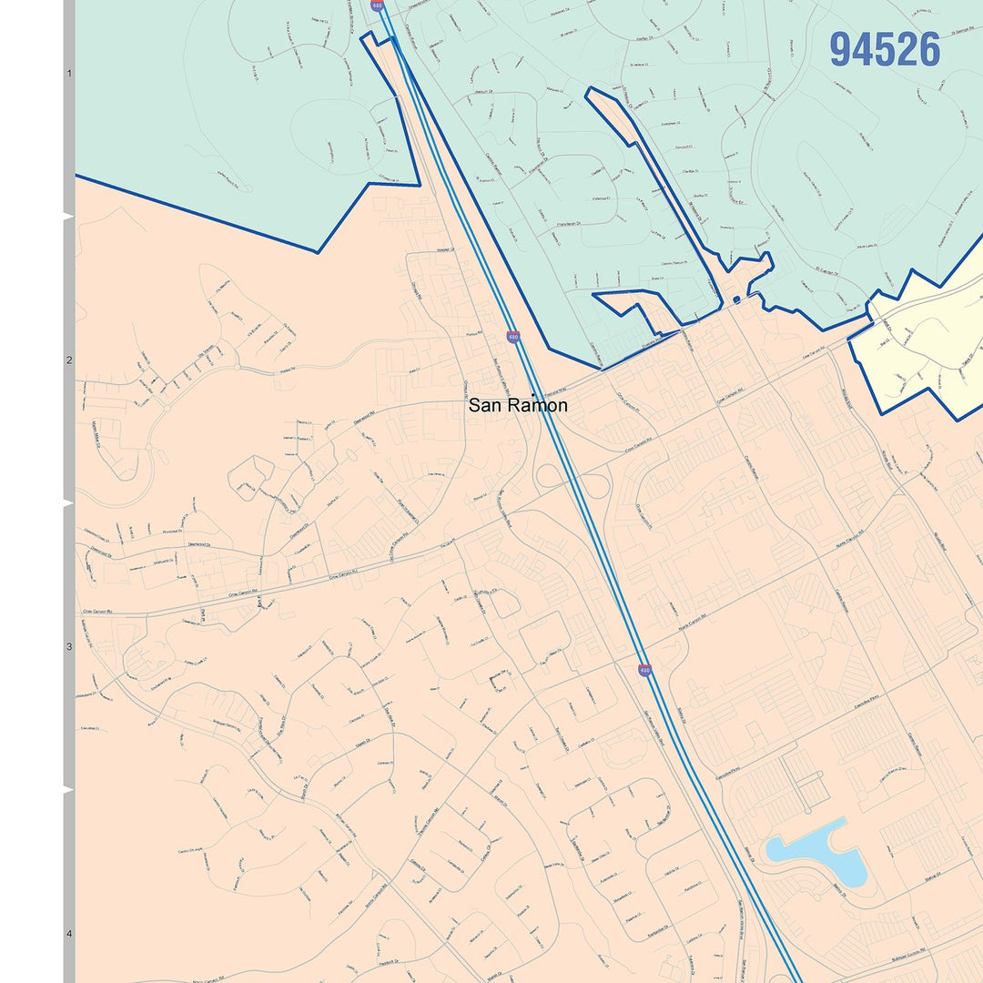 Color Cast Zip Code Style Wall Map of San Ramon, CA