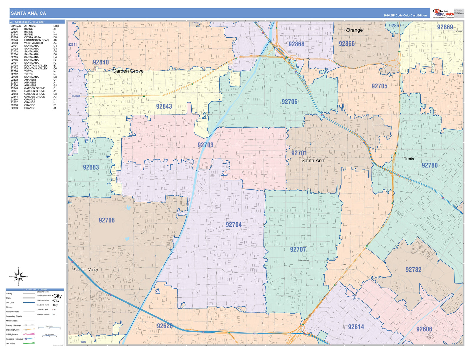 Color Cast Wall Map of Santa Ana CA