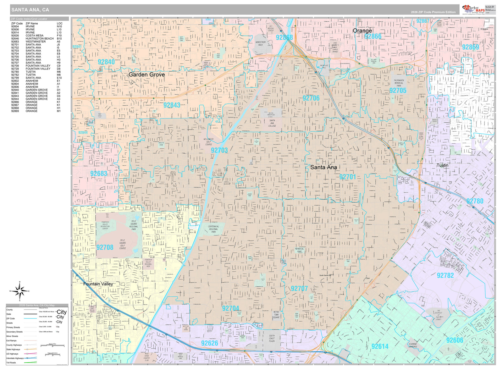 Premium Style Wall Map of Santa Ana, CA