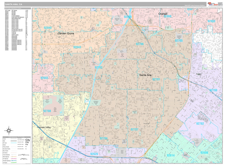 Premium Style Wall Map of Santa Ana, CA