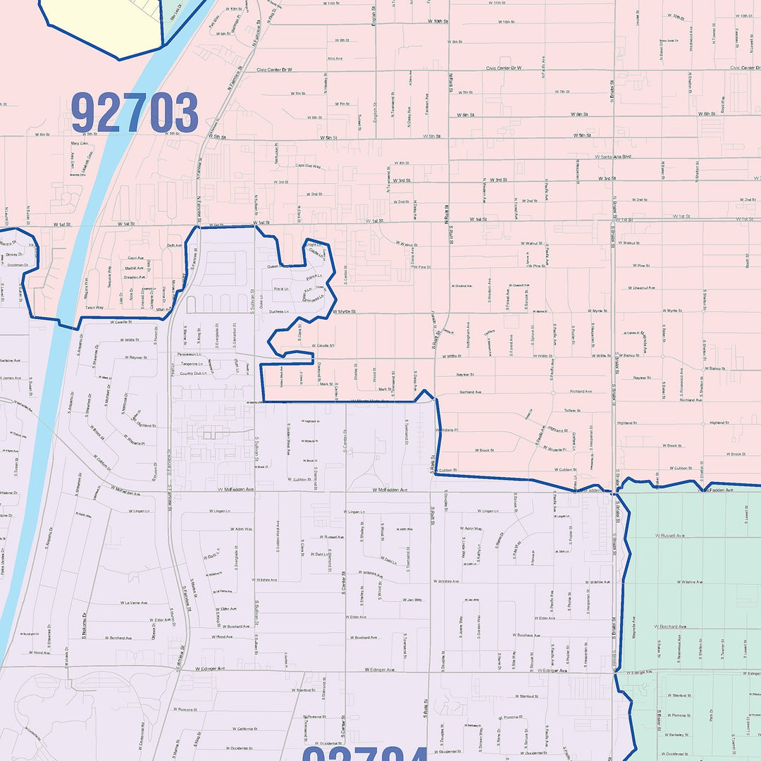 Color Cast Wall Map of Santa Ana CA
