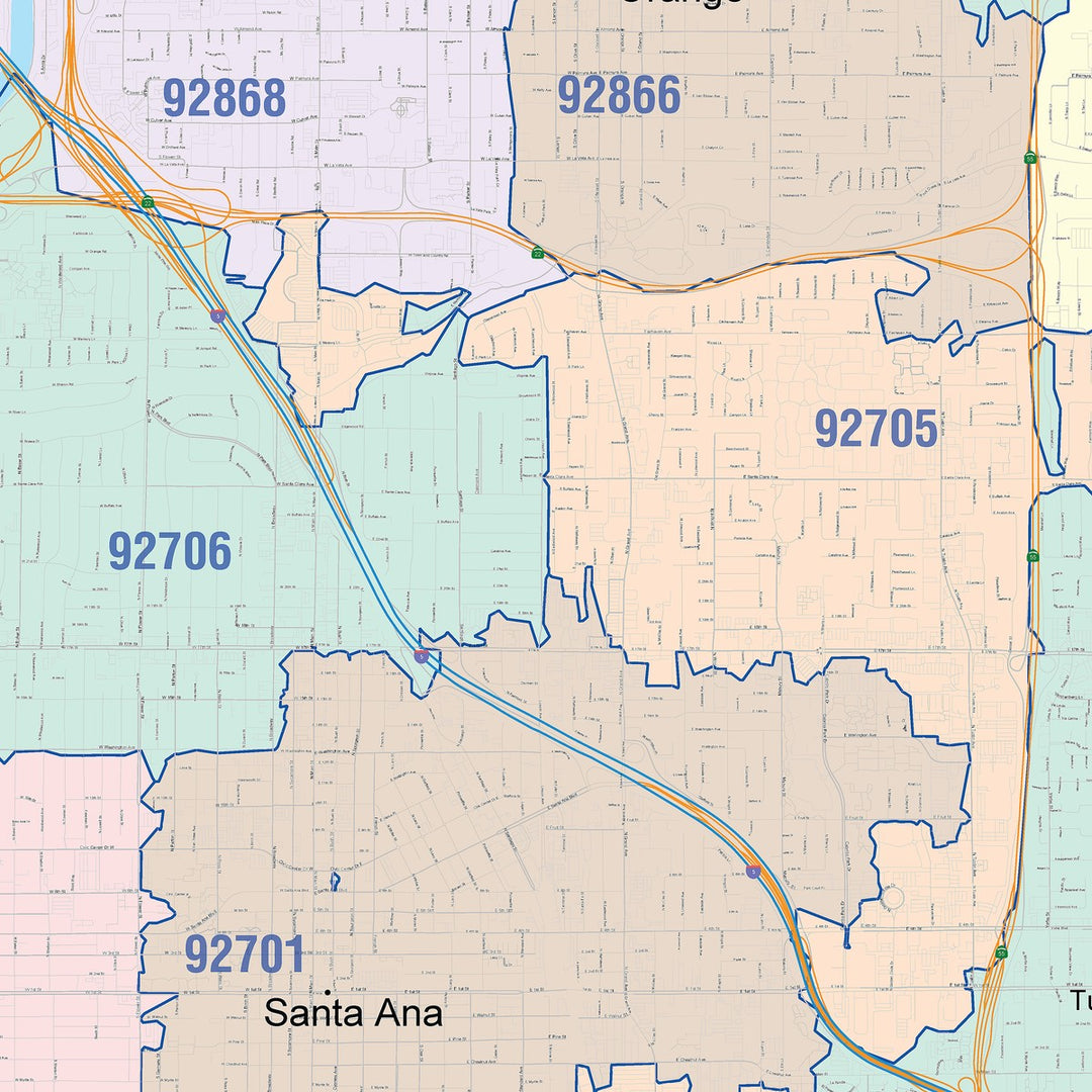 Color Cast Wall Map of Santa Ana CA