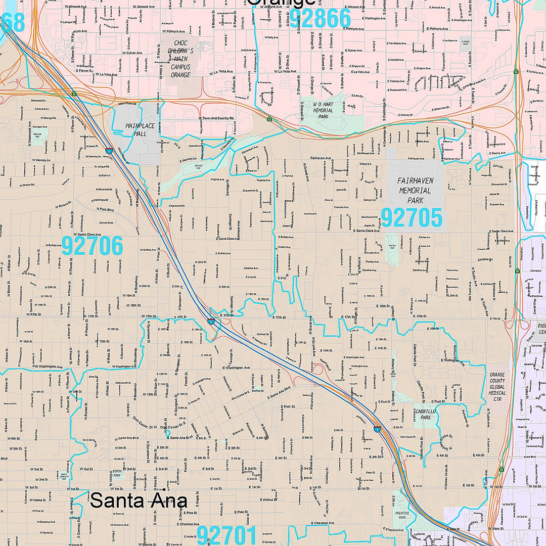 Premium Style Wall Map of Santa Ana, CA