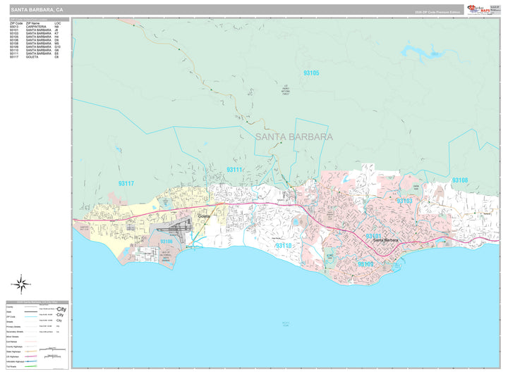 Premium Style Wall Map of Santa Barbara, CA