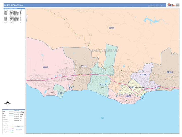 Color Cast Zip Code Style Wall Map of Santa Barbara, CA