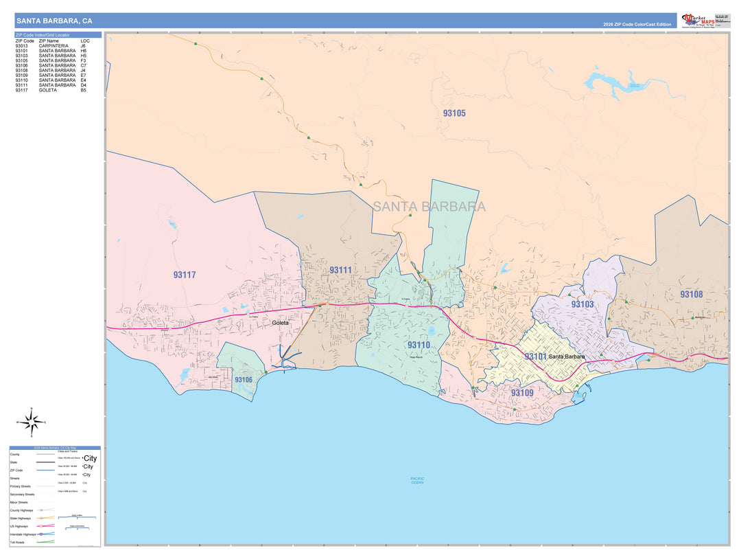Color Cast Zip Code Style Wall Map of Santa Clara, CA