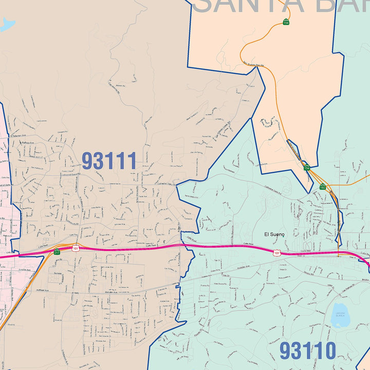 Color Cast Zip Code Style Wall Map of Santa Barbara, CA