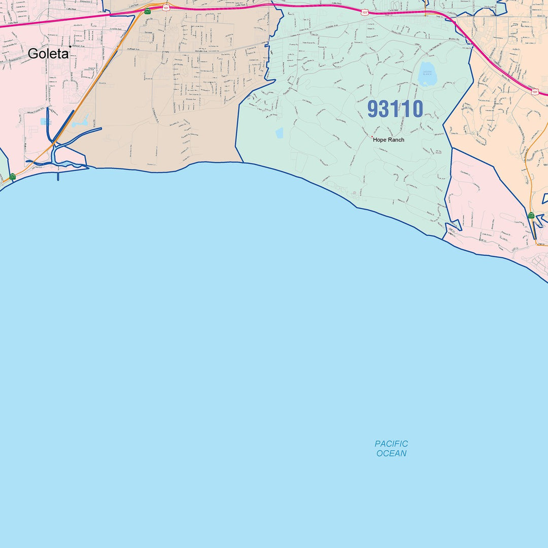 Color Cast Zip Code Style Wall Map of Santa Barbara, CA