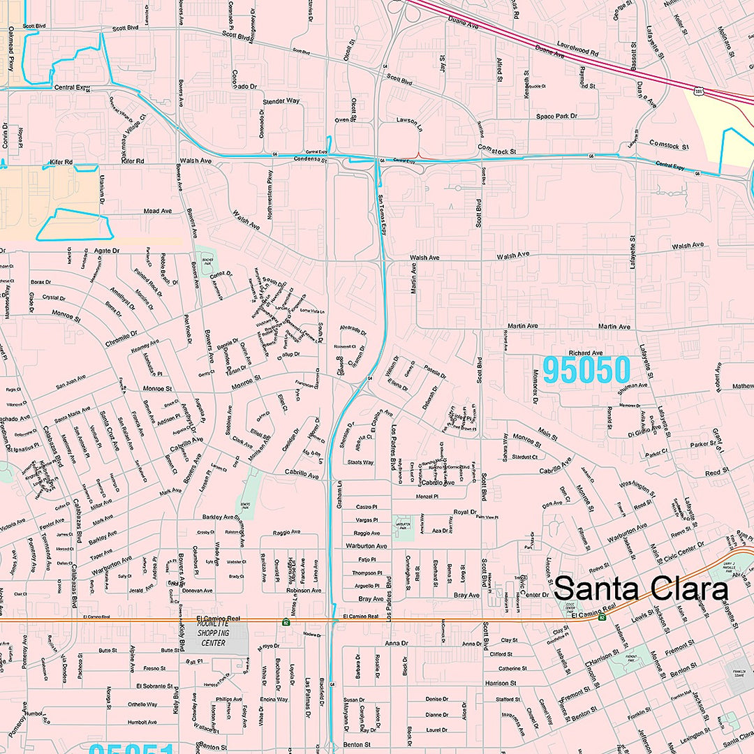 Premium Style Wall Map of Santa Clara, CA