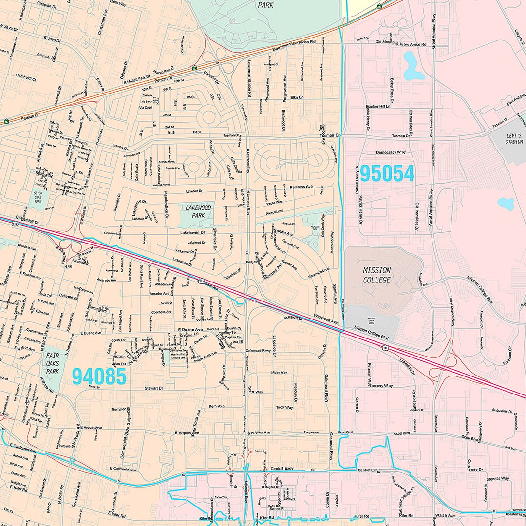 Premium Style Wall Map of Santa Clara, CA