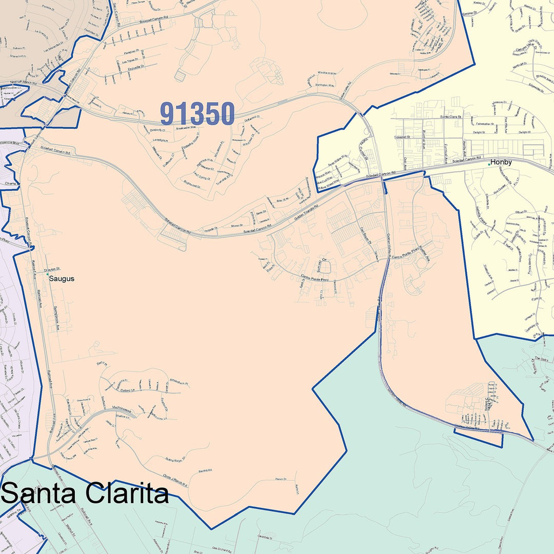 Color Cast Zip Code Style Wall Map of Santa Clarita, CA