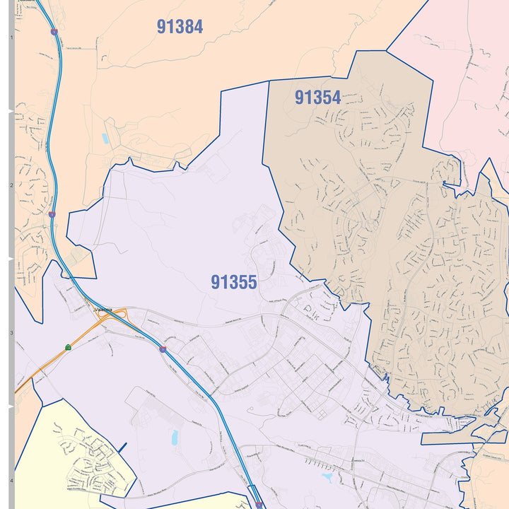 Color Cast Zip Code Style Wall Map of Santa Clarita, CA