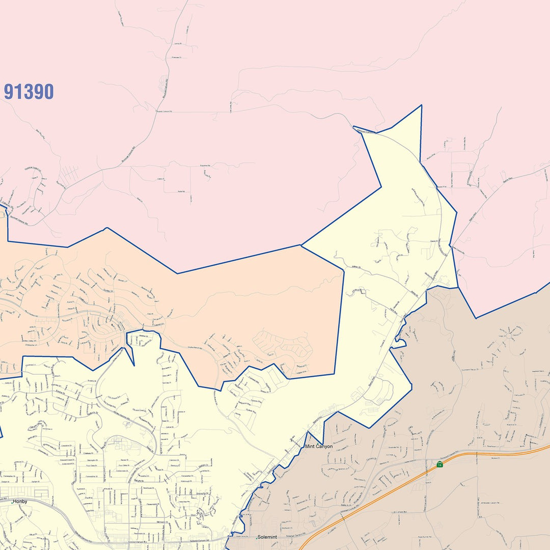 Color Cast Zip Code Style Wall Map of Santa Clarita, CA