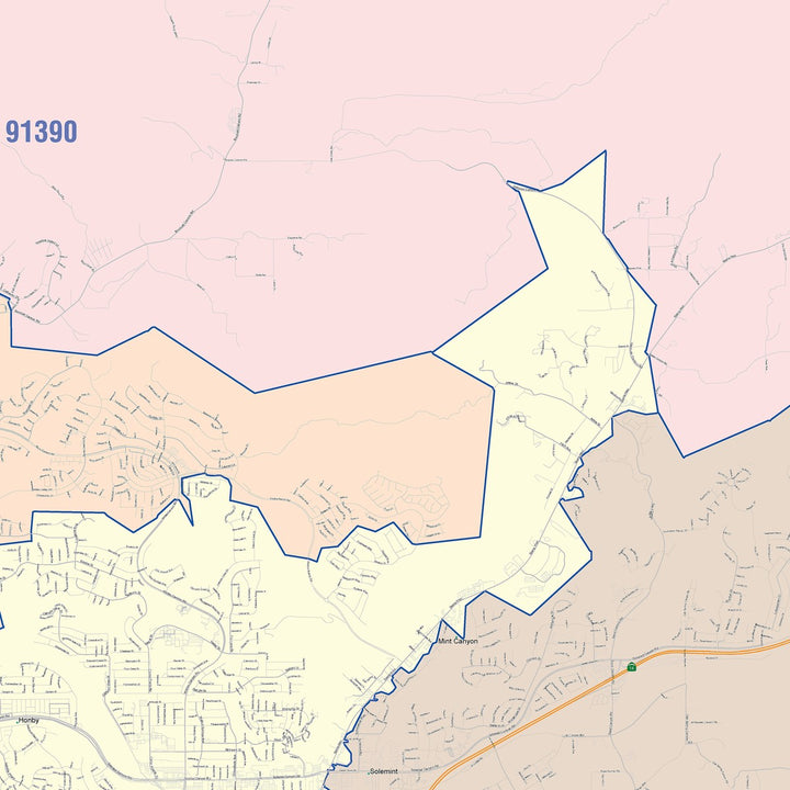 Color Cast Zip Code Style Wall Map of Santa Clarita, CA