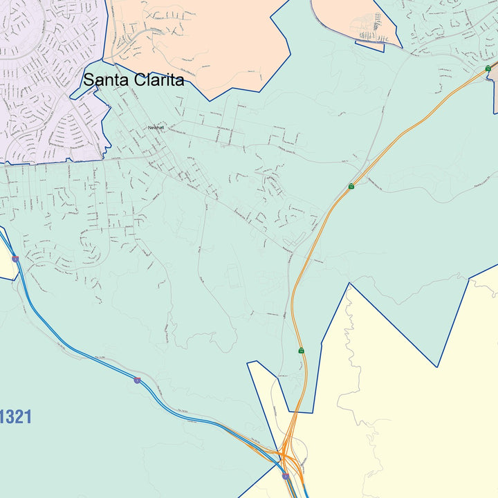 Color Cast Zip Code Style Wall Map of Santa Clarita, CA
