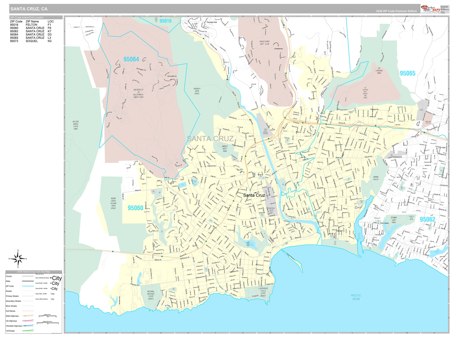 Premium Style Wall Map of Santa Cruz, CA
