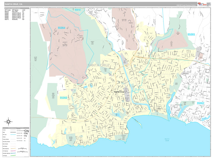 Premium Style Wall Map of Santa Cruz, CA