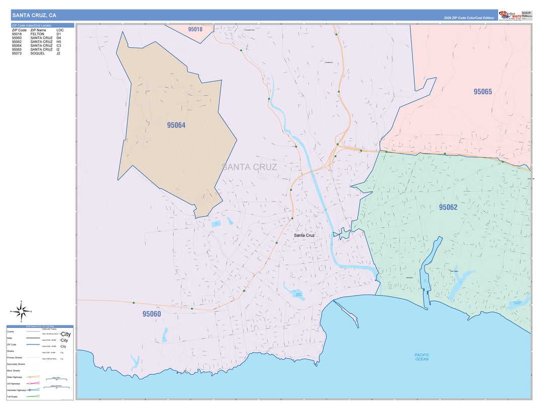Color Cast Zip Code Style Wall Map of Santa Cruz, CA