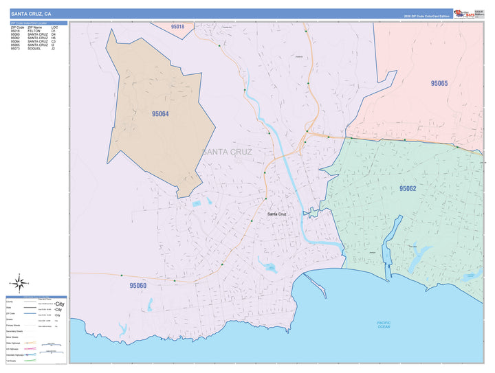 Color Cast Zip Code Style Wall Map of Santa Cruz, CA