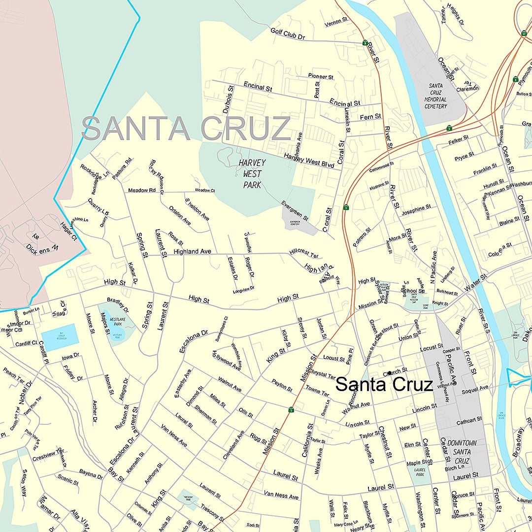 Premium Style Wall Map of Santa Cruz, CA