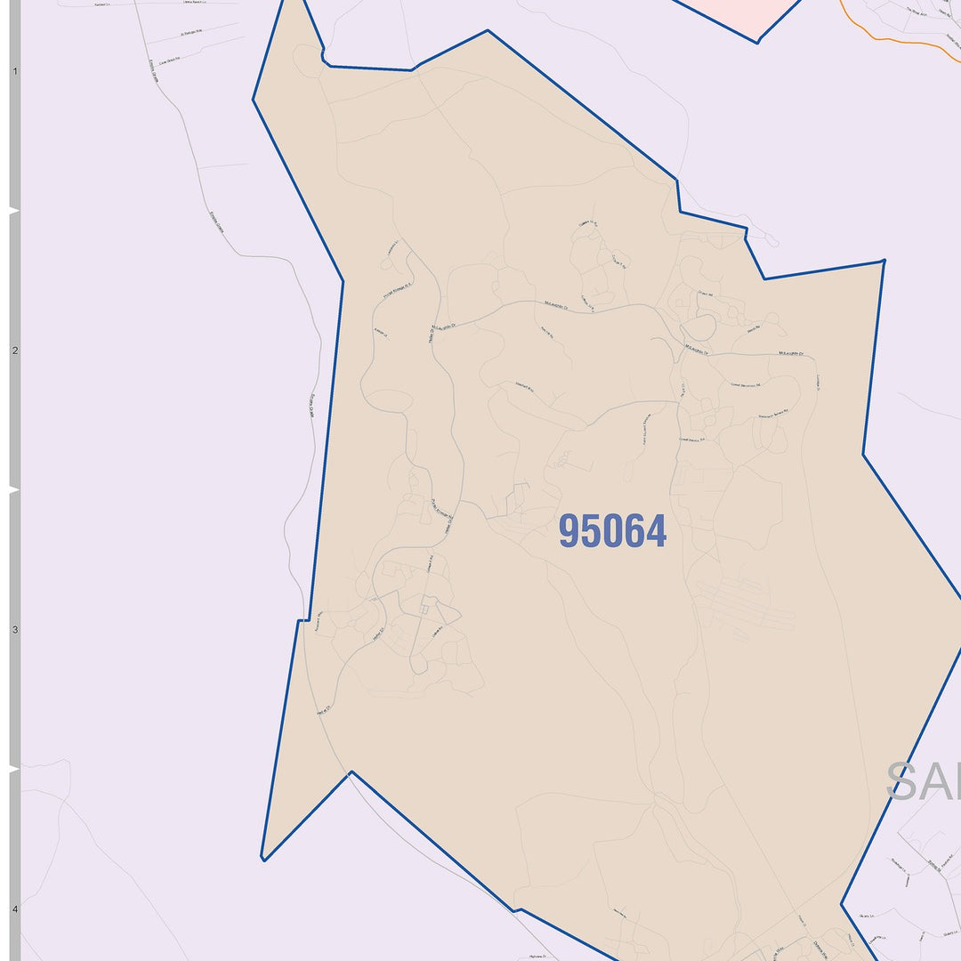 Color Cast Zip Code Style Wall Map of Santa Cruz, CA