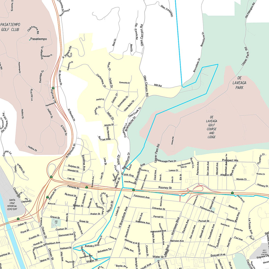 Premium Style Wall Map of Santa Cruz, CA