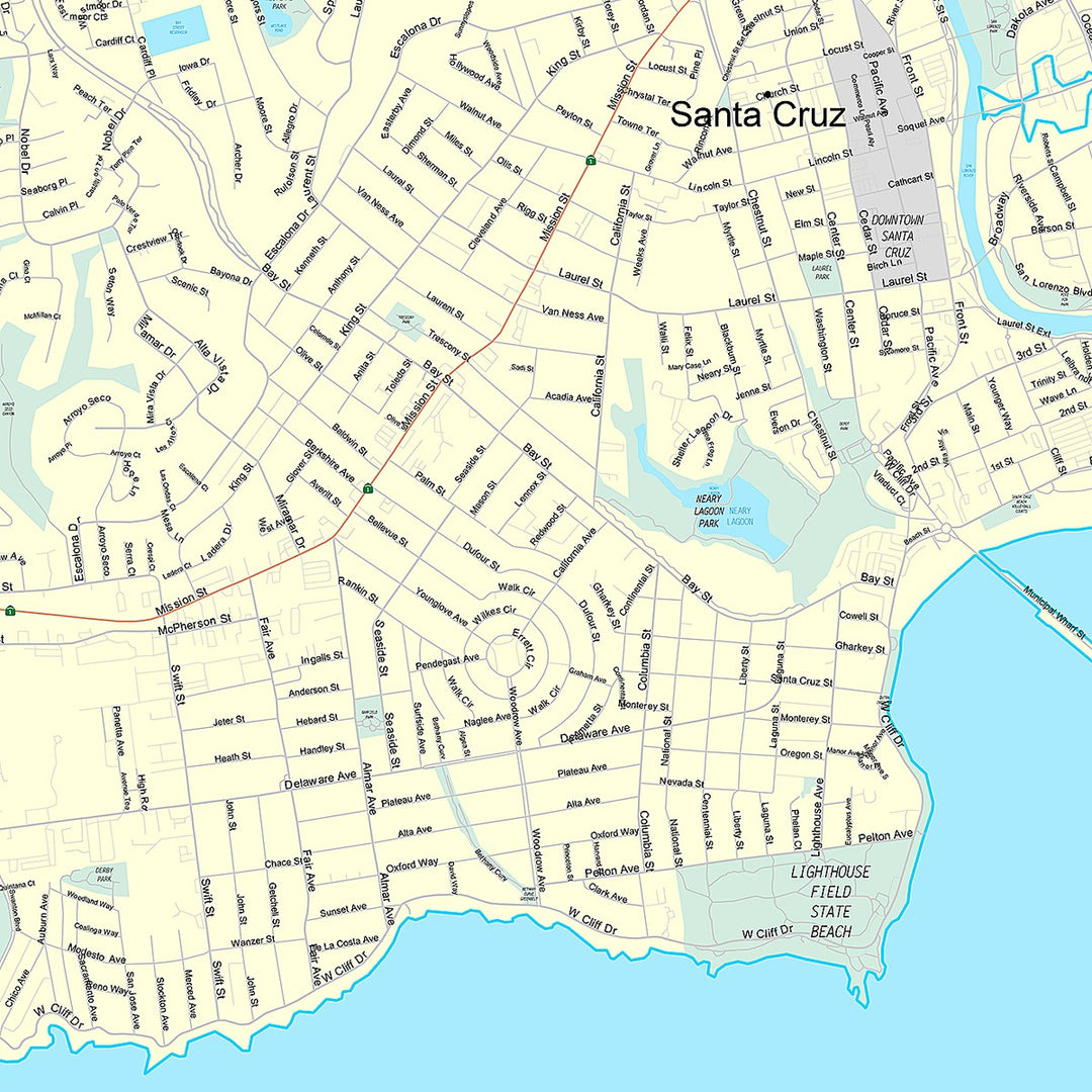 Premium Style Wall Map of Santa Cruz, CA
