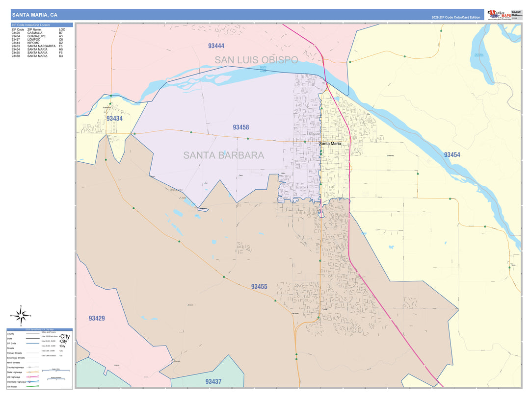 Color Cast Zip Code Style Wall Map of Santa Maria, CA