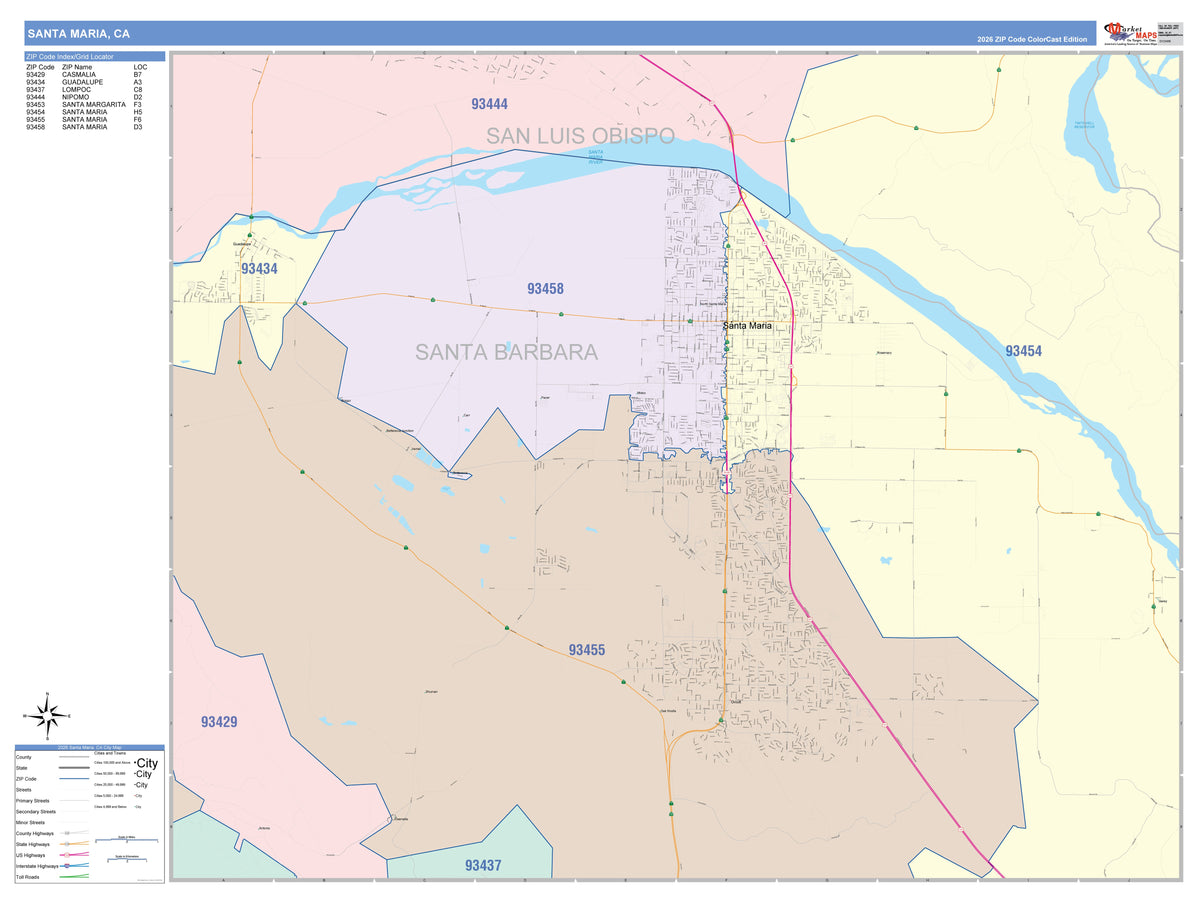4519 Postcode Map Color Cast Zip Code Style Wall Map of Santa Maria, CA – American Map Store