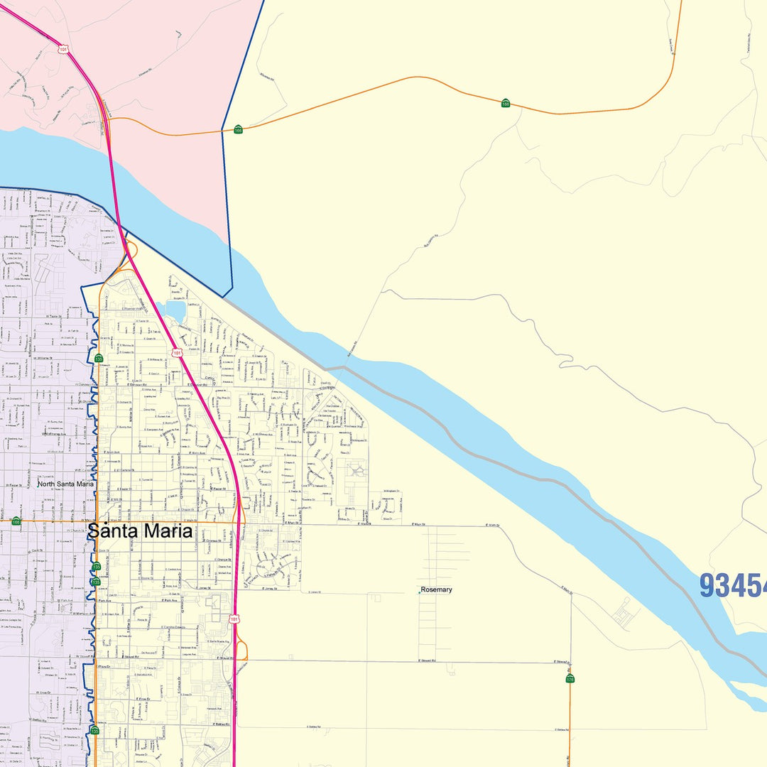 Color Cast Zip Code Style Wall Map of Santa Maria, CA