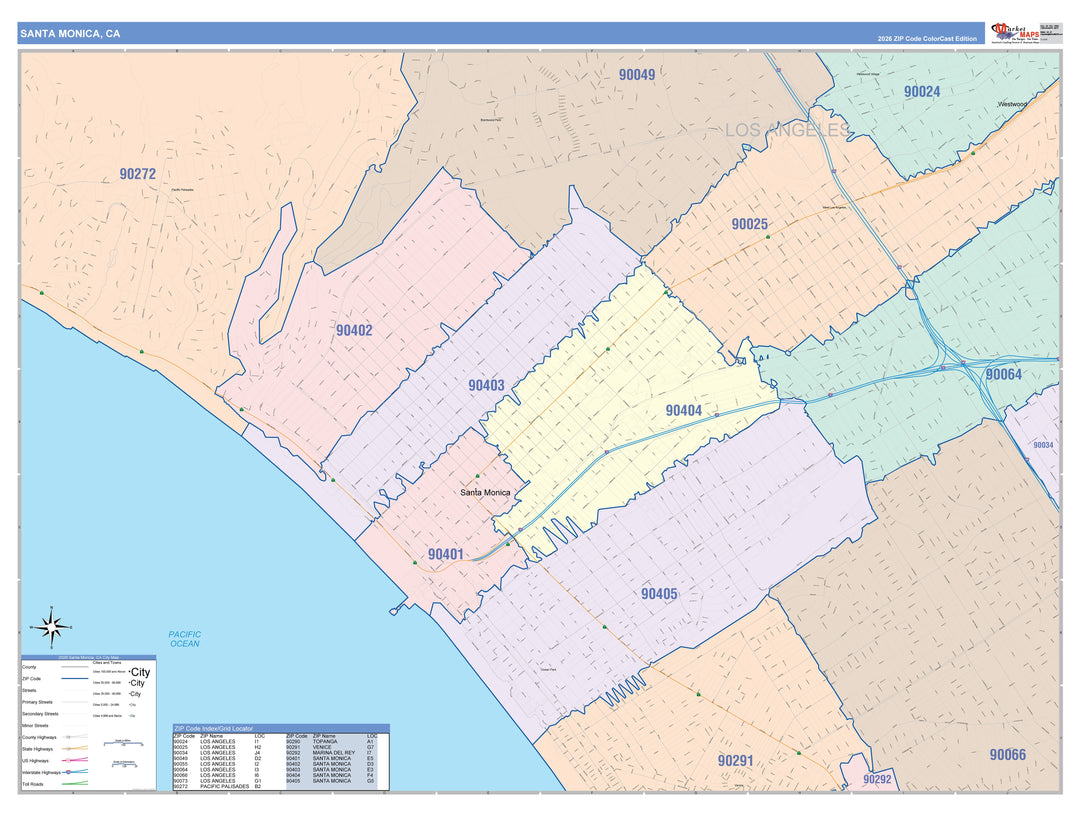Color Cast Zip Code Style Wall Map of Santa Monica, CA