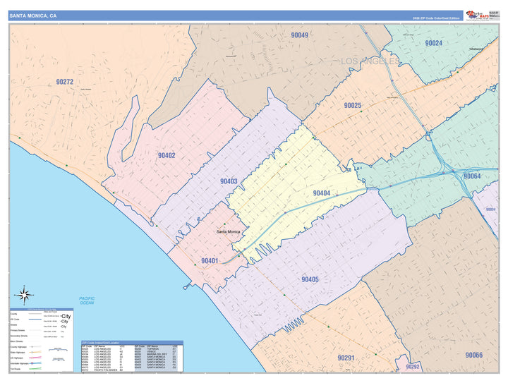 Color Cast Zip Code Style Wall Map of Santa Monica, CA