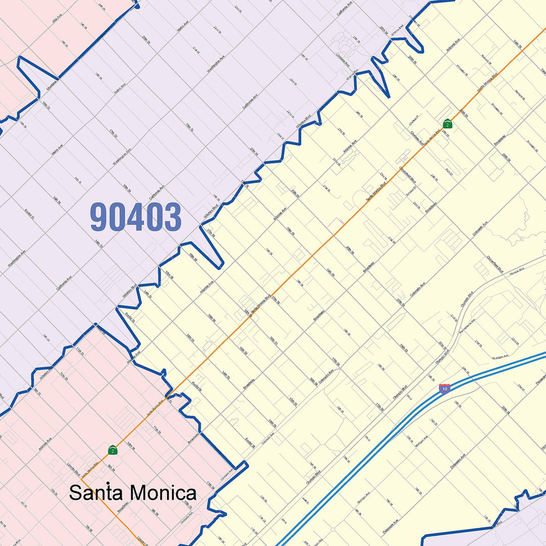 Color Cast Zip Code Style Wall Map of Santa Monica, CA
