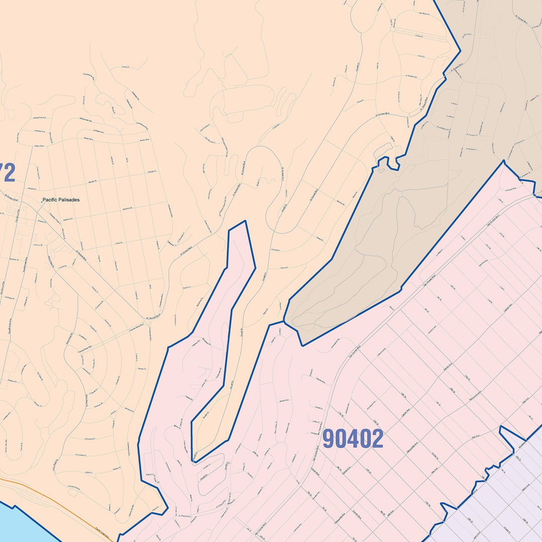 Color Cast Zip Code Style Wall Map of Santa Monica, CA