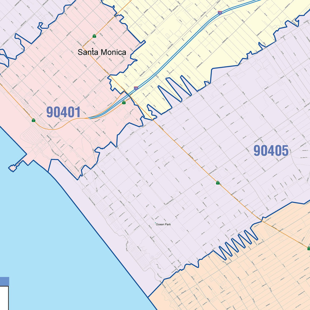 Color Cast Zip Code Style Wall Map of Santa Monica, CA