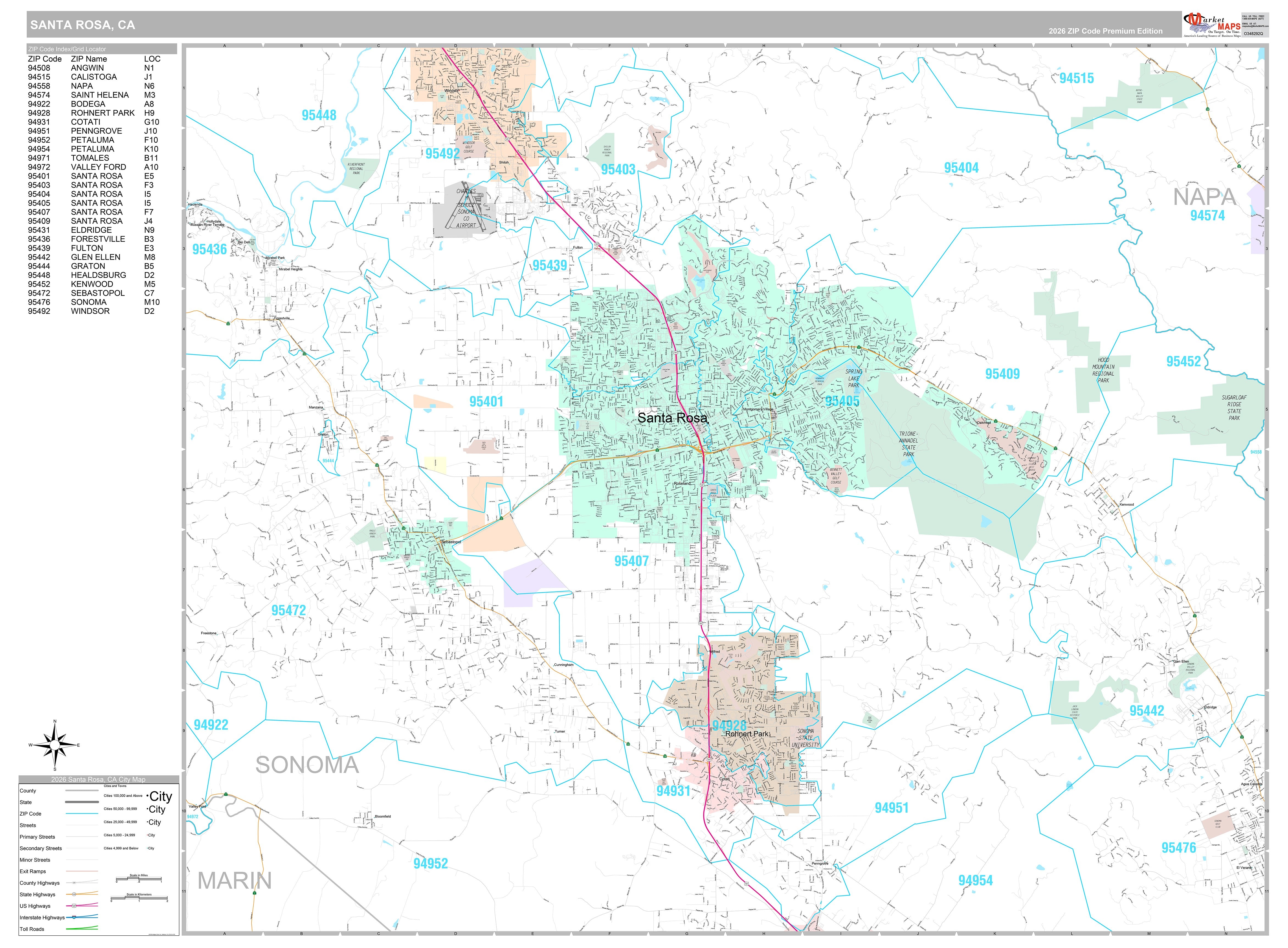 Premium Style Wall Map of Santa Rosa, CA – American Map Store