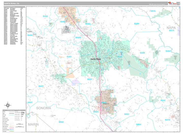 Premium Style Wall Map of Santa Rosa, CA