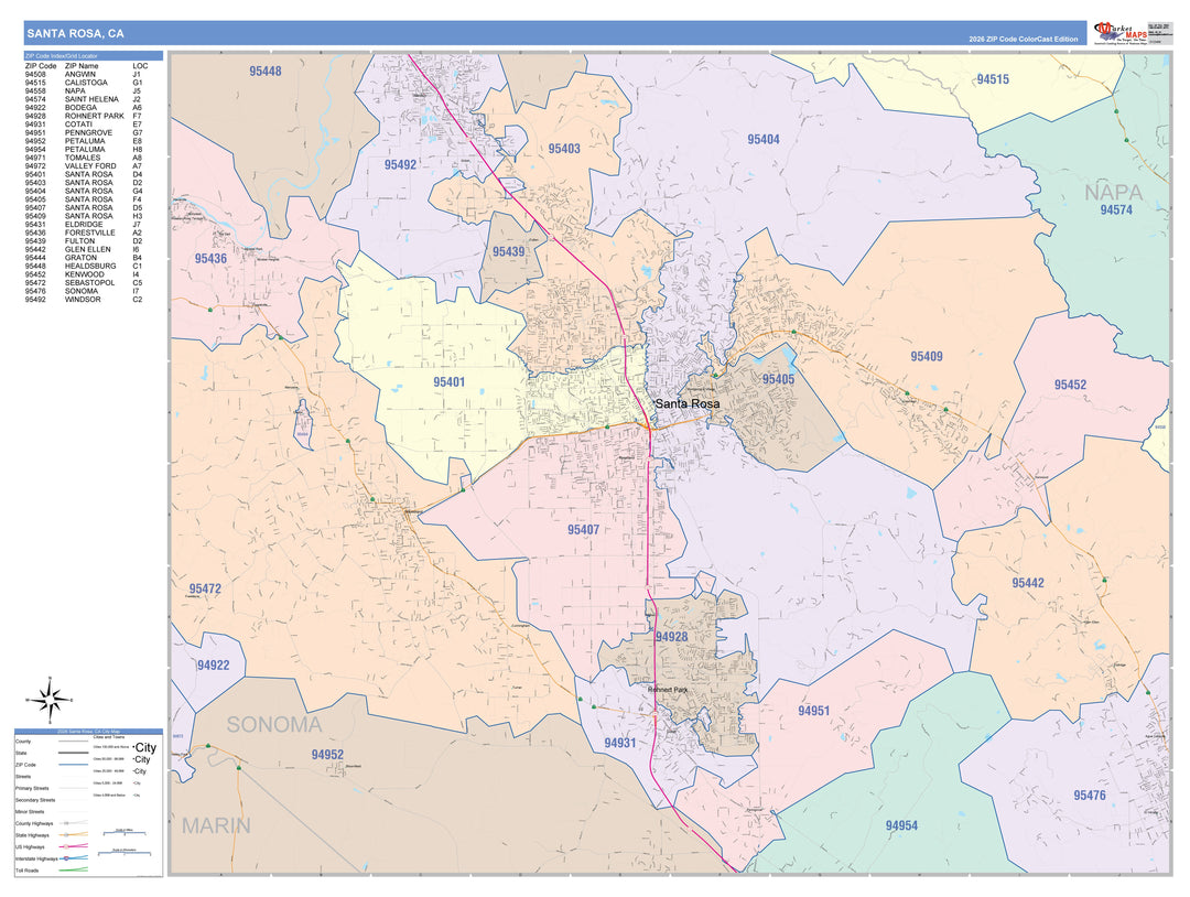 Color Cast Zip Code Style Wall Map of Santa Rosa, CA